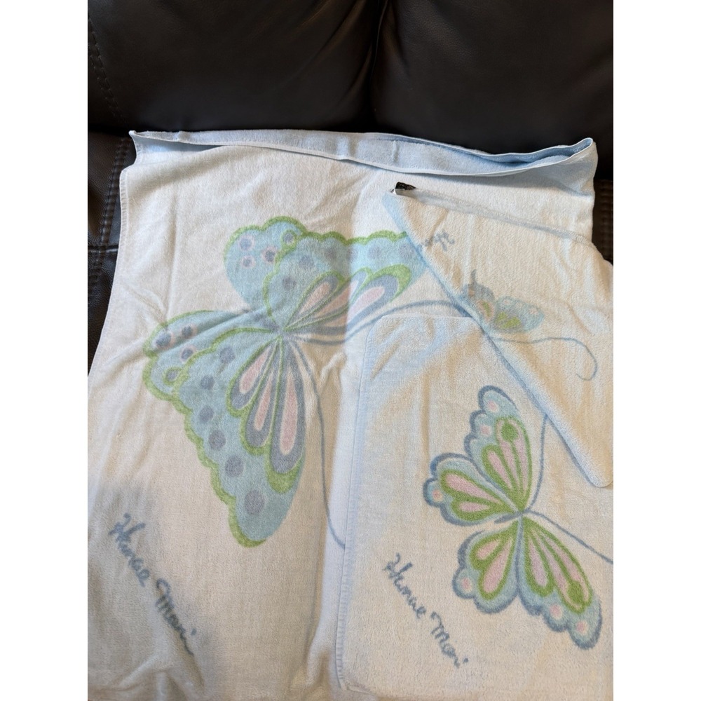 Vintage Hanae Mori  Martex Blue Butterfly Towel Set 1 Bath 1 Hand  1 Wash